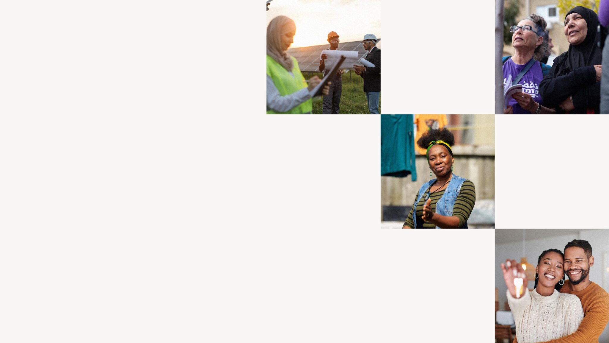 mosaic of photos: woman holding plans at a solar farm, muslim women, black couple holding home keys,